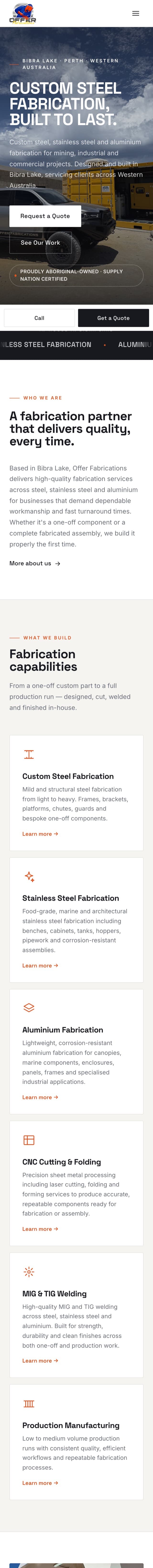 Offer Fabrications mobile site, built by Intrlude